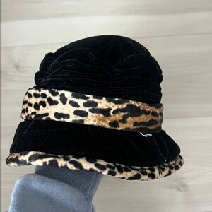 Black Velvet Hat with Leopard Print Trim